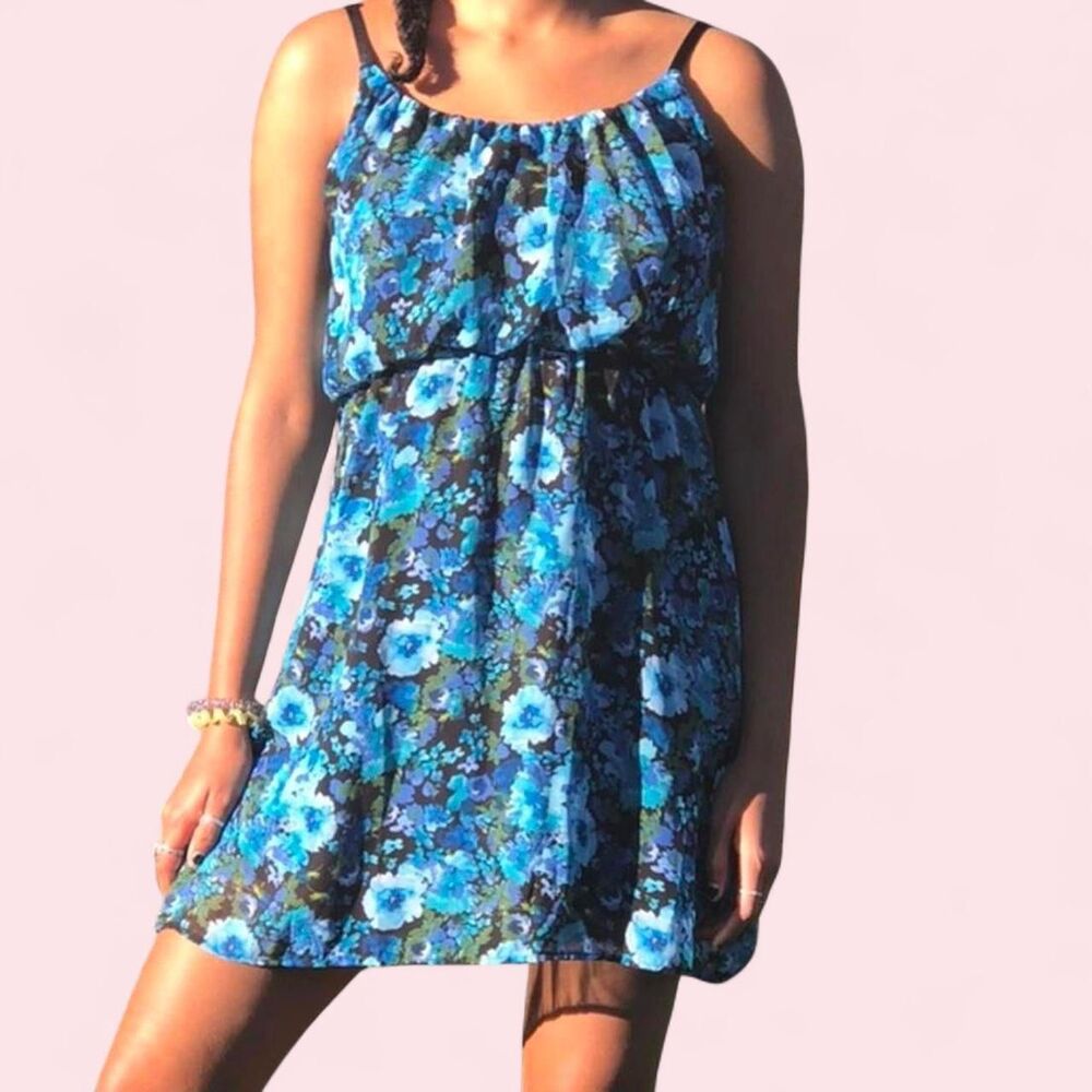 Blue floral print dress with adjustable straps